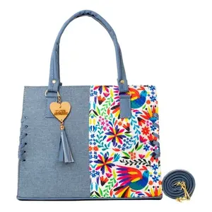 Sac messager en jute pour femme Fana, motif floral bleu, style bohème, bandoulière, usage quotidien, capacité 3L - Product Image 1
