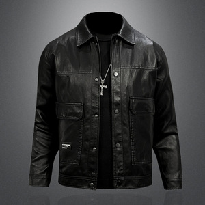 Explosions Automne Hommes Véritable Peau De Mouton Vintage Slim Fit Fermeture Éclair Col Debout Biker Veste Creux Figure Noir - Product Image 1