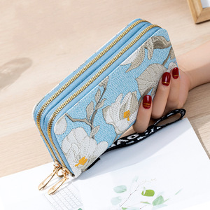 Women's Floral Embroidered Clutch Double Zipper Soft Coin <b>Purse</b> With Wrist Strap Blue Spring 2023 - Product Image 1