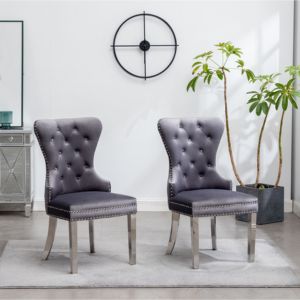 DB Montura Ensemble de 2 chaises de salle à manger contemporaines en velours tufté gris avec garniture à tête de clou - Product Image 2