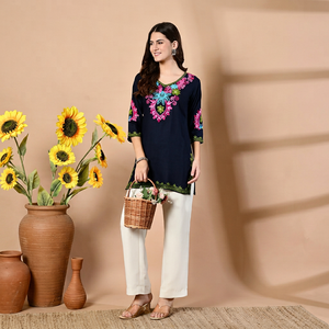 <b>Women's</b> <b>Navy</b> Blue Embroidered Rayon Kurta <b>Top</b> Regular Fit Mini Length Casual Wear India Pakistan Design All Seasons - Product Image 1
