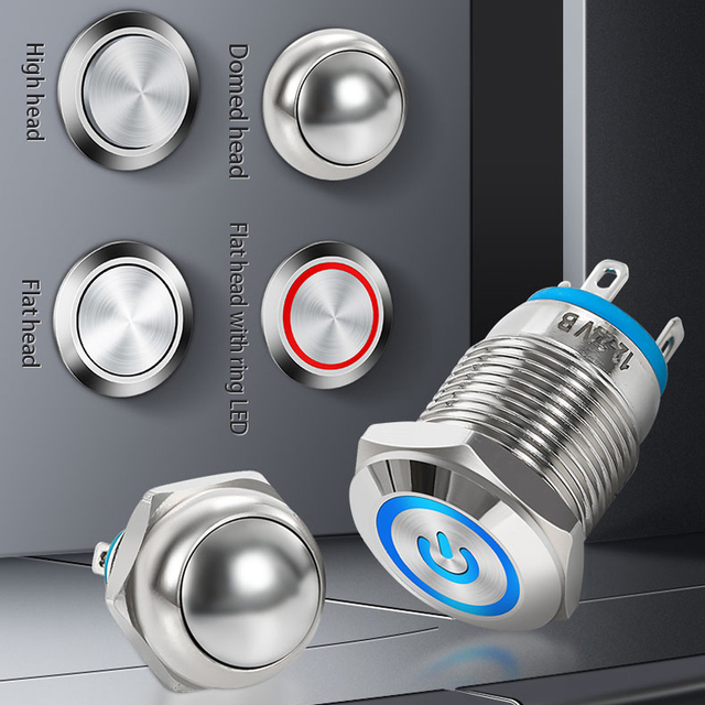 Aibeiken 16mm 19mm 22mm Illuminated Led Metal 12 Volt Push Button Switch Waterproof Switches With Customized Logo