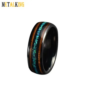 8毫米黑色碳化钨结婚戒指镶嵌实木和蓝色蛋白石订婚戒指舒适适合男士