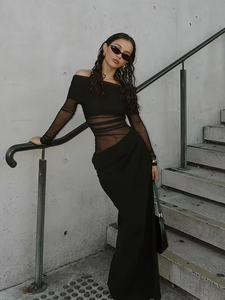 Mesh See Though <strong>Dress</strong> Wholesale Off the <strong>Shoulder</strong> <strong>Maxi</strong> <strong>Dress</strong> Custom logo Solid Color Simple <strong>Dress</strong> Factory Direct - Product Image 3