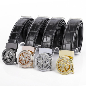 Cinturón de Cuero Genuino para Hombre, Diseño de Cocodrilo con Hebilla Giratoria de Diamantes de Imitación, Marca de Lujo de Diseñador Famoso - Product Image 1