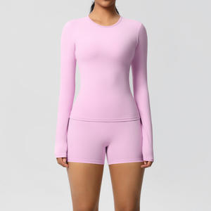 Logo personalizzato donna Slim Fit allenamento 2 pezzi Set manica lunga Top Lift pantaloncini attillati Yoga allenamento Fitness palestra tuta - Product Image 5