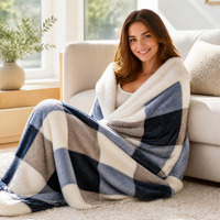 Plaid de luxe réversible en flanelle à carreaux bleu marine et sherpa, double couche, épais, imprimé, chaud, couverture de lit d'hiver haut de gamme