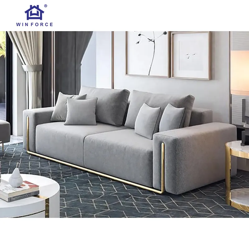 Winforce Neueste Designs hochwertiges nordisches Sofa-Settle Luxussofa aus Leinen Stoff Sofa Couches gepolstertes I-Form-Sofa-Set Möbel