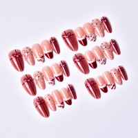 Lot de 30 faux ongles à presser en forme d'amande, best-seller transfrontalier, motif fleurs roses blush et nœuds, design manucure française