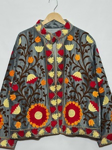 Blouson en velours pour femme, col mandarin, broderie florale à la main, manches longues, fermeture éclair, automne - Product Image 6