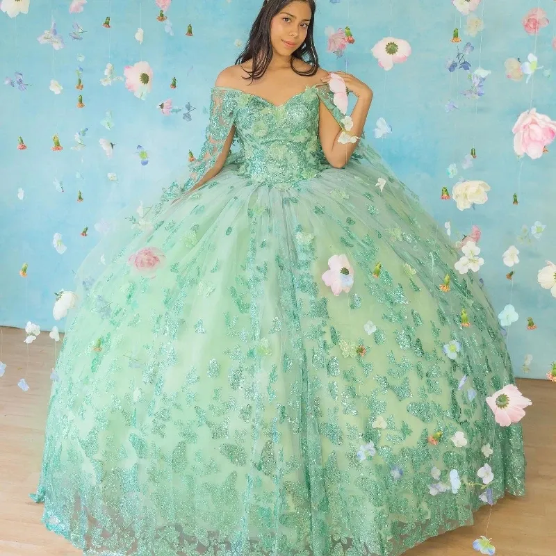 Mumuleo adaçayı yeşil kapalı omuz 15 quincedresses elbiseler dantel yay pelerin elbiseler kabarık parti elbise ile kristal boncuk topu Ball