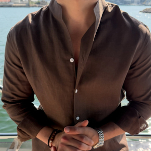 <span class=keywords><strong>Camicia</strong></span> Casual da Uomo Autunnale, Tinta Unita, Taglie Forti, <span class=keywords><strong>Marrone</strong></span> Scuro, con Colletto Rialzato, in <span class=keywords><strong>Lino</strong></span> a Maniche Lunghe - Product Image 2