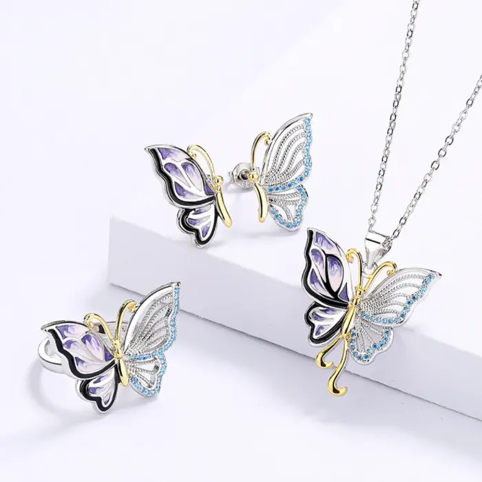 Vintage Palace Oil Painting Jewellery Set Crystal Butterfly Ring Necklace And Earring Women Bridal Wedding Jewelry Set For Girls