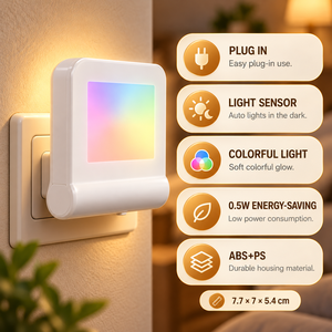 Veilleuse LED colorée à brancher, capteur de lumière automatique, lampe de nuit arc-en-ciel à économie d'énergie de 0.5W pour chambre à coucher, couloir, escalier - Product Image 1