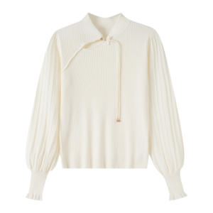 Women's Chinese Style <strong>Frog</strong> Button Rib <strong>Knit</strong> Long Sleeve Top, Mandarin Collar Drawstring Puff Lantern Sleeve Cream <strong>Knit</strong> Blouse - Product Image 2