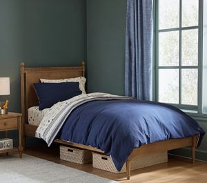 <span class=keywords><strong>Lit</strong></span> simple en bois massif rétro avec tissage en bois, matelassage géométrique bleu marine, <span class=keywords><strong>lit</strong></span> simple simple pour chambre de garçons - Product Image 2