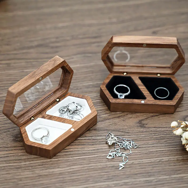 Caja de anillos de boda de madera de nogal negro Natural, joyería acrílica de madera reciclable Vintage personalizada, caja de anillos dobles