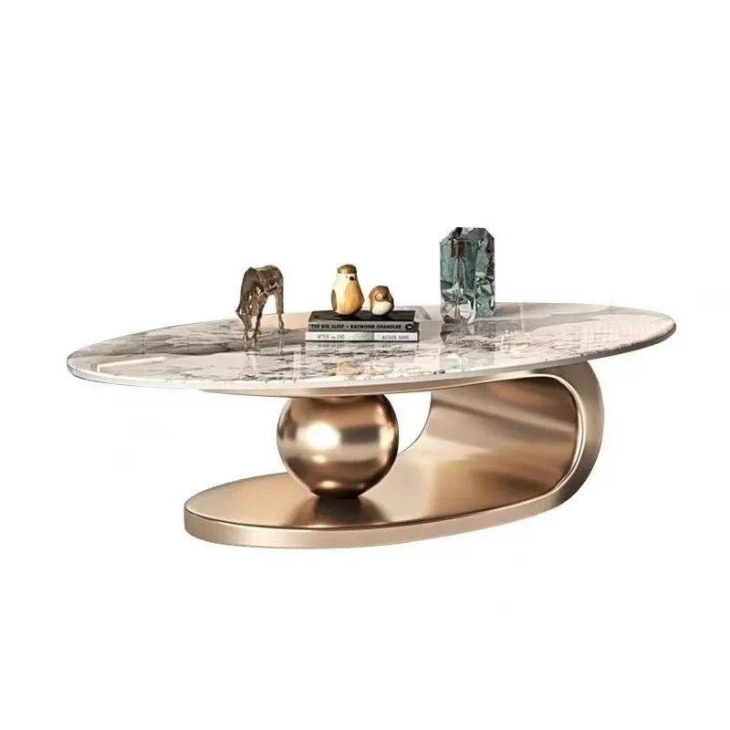 Mesa de centro de acero inoxidable con tapa de mármol de forma ovalada dorada para el hogar de lujo