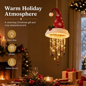 Christmas <b>Lighted</b> Santa Hat Chandelier Warm Led Red Snowflake Holly <b>Berry</b> Decor Indoor Outdoor 3Pc Set - Product Image 3