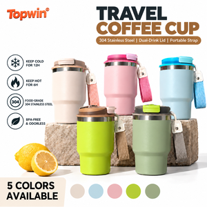 Portable 304 <b>Stainless</b> <b>Steel</b> Travel Coffee Tumbler Dual Drinking Lid Vacuum Insulated Car <b>Cup</b> with Strap - Product Image 1