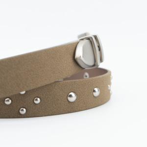 เข็มขัดหนังกลับสีน้ำตาลอมเทาสำหรับผู้หญิง ประดับหมุดเงิน - Product Image 4