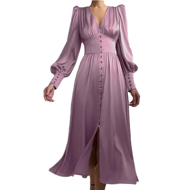New Satin Retro Dress Women's Lantern Sleeves Slim Waist Button Elegant Slimming Long Skirt
