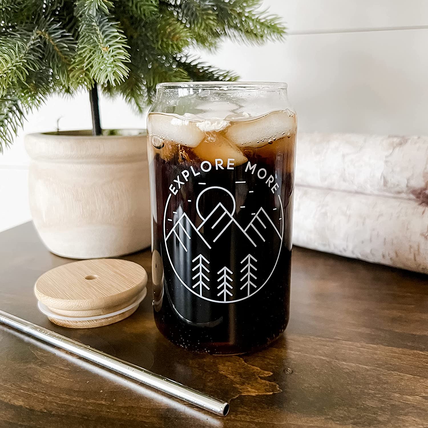 Iced Coffeewith Bamboo Lid and Straw | 16oz Beer  Camping Cup | Can Shaped Glass
