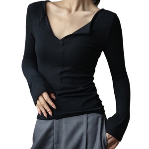 Camiseta de Manga Larga Personalizada de Alta Calidad, 100% Algodón, para Mujer, Estilo Casual, Cuello en V, Color Sólido, para Otoño e Invierno - Product Image 3