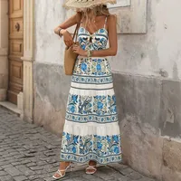 Robe longue à volants à imprimé floral pour femme, sans manches, style vacances, disponible en bleu, vente en gros avec faible MOQ