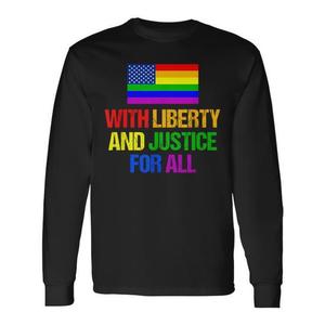 T-shirt a maniche lunghe con bandiera americana arcobaleno con design Liberty And Justice For All LGBTQ Pride - Product Image 1