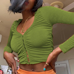 Top Corto de Moda para Mujer, Manga Larga, Cuello en V, Botones al Frente, Color Azul Sólido, Poliéster, Origen Yiwu, Uso Diario - Product Image 4