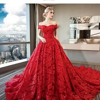 Robes de mariée NDB10326, robe en dentelle à épaules dénudées pour femme enceinte, couleur rouge avec traîne