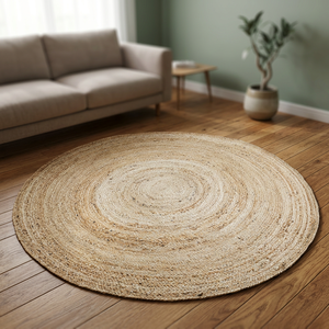 Tapis en jute tissé à la main 5 pieds, fil naturel, beige rustique vintage, tressé, réversible, écologique, adapté aux animaux domestiques, style bohème, doux, à poils moyens - Product Image 3