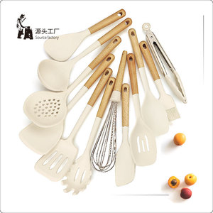 Source Factory 12 Piece Silicone Kitchen <b>Utensil</b> Set With Wooden Handle High Heat Resistant For Cooking And Baking - Product Image 1