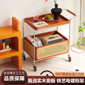 Solid Wood Storage Cart With Rattan Shelf Stainless Steel Frame Living Room <b>Bar</b> Cart - Product Image 5