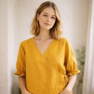 Abbigliamento Femminile di Alta Qualità, <span class=keywords><strong>Camicia</strong></span> <span class=keywords><strong>Gialla</strong></span> in <span class=keywords><strong>Lino</strong></span> su Misura con Scollo a V, Elegante Abbigliamento Donna - Product Image 2