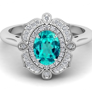 1.18ct Nature Inspired Gemstone Art Deco Vintage Oval Cut Paraiba <b>Tourmaline</b> Rings for Bridal Moissanite Cz Ring for Women - Product Image 4