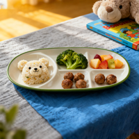Vaisselle pour enfants en mélamine ovale segmentée à quatre compartiments et quatre couleurs, écologique et non toxique