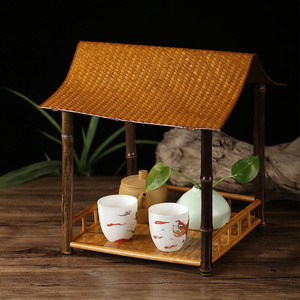 Bamboo Woven Cup Rack Rectangle Freestanding <b>Desk</b> Tea Set Organizer Storage Display Shelf Tableware Holder Chinese Style - Product Image 1