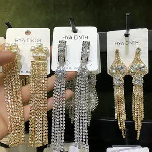 PUSHI new vintage exaggerate Real gold plating zircon big long tassel earrings rhinestones in bulk womans jewelry lot