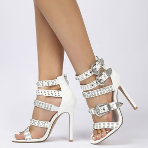 Women Back Zipper Shoes Rhinestone Studs High Heels Summer Square Toe Metal Buckles Denim Customized <b>Sandals</b> - Product Image 5