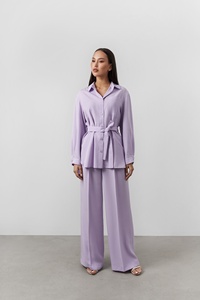 Casual nuovo Design collo basso maniche lunghe <span class=keywords><strong>con</strong></span> bottone anteriore <span class=keywords><strong>con</strong></span> spacco laterale camicia semplice camicetta <span class=keywords><strong>con</strong></span> <span class=keywords><strong>cintura</strong></span> da donna - Product Image 6