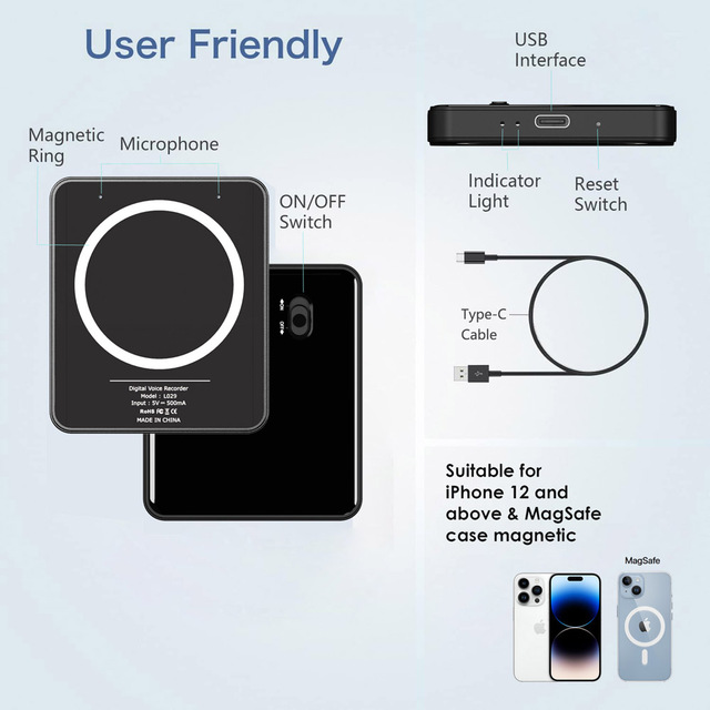 Professional 64GB Mini Wireless Remote Phone Recorder Voice Activated APP Control MP3 Audio Format Magnetic Phone Recorder