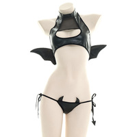 Set Bikini Halloween yang Menarik dengan Sayap Halter Berbahan Kulit Paten, Kostum Hantu Hitam Seksi untuk Wanita