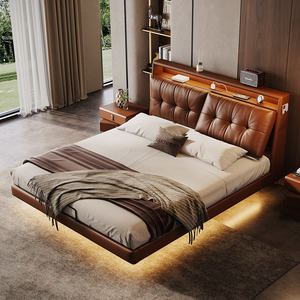 <span class=keywords><strong>Lit</strong></span> flottant de conception italienne tendance, inspiré du style vintage, entièrement rembourré en cuir pleine fleur avec rangement, minimaliste raffiné - Product Image 2