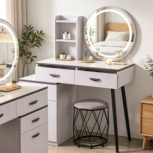 Modern <b>Makeup</b> <b>Vanity</b> With Lighted <b>Mirror</b> Storage Drawers Bedroom Dressing Table With Stool - Product Image 6