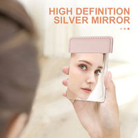 Miroir de maquillage portable compact carré personnalisé CF avec cadre en PU finition argentée et housse en cuir pour sac