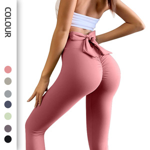 Celana Yoga Plus Size Wanita Warna Peach, Pinggang Tinggi, Model Peach Hips, Celana Fitness Seksi dengan Aksen Pita untuk Olahraga - Product Image 1