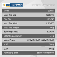 OD-HOFFWIN S2021 Équipement d'équilibrage de roues semi-automatique pour réparation de pneus, précision 1g, 200 tr/min, moteur 250W, jantes 10"-24", capacité 70KG