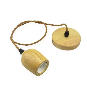 北欧のシンプルなソリッド木製ベースE27ペンダントランプホルダーシーリングランプ、ケーブル調光可能なDIY照明器具付き